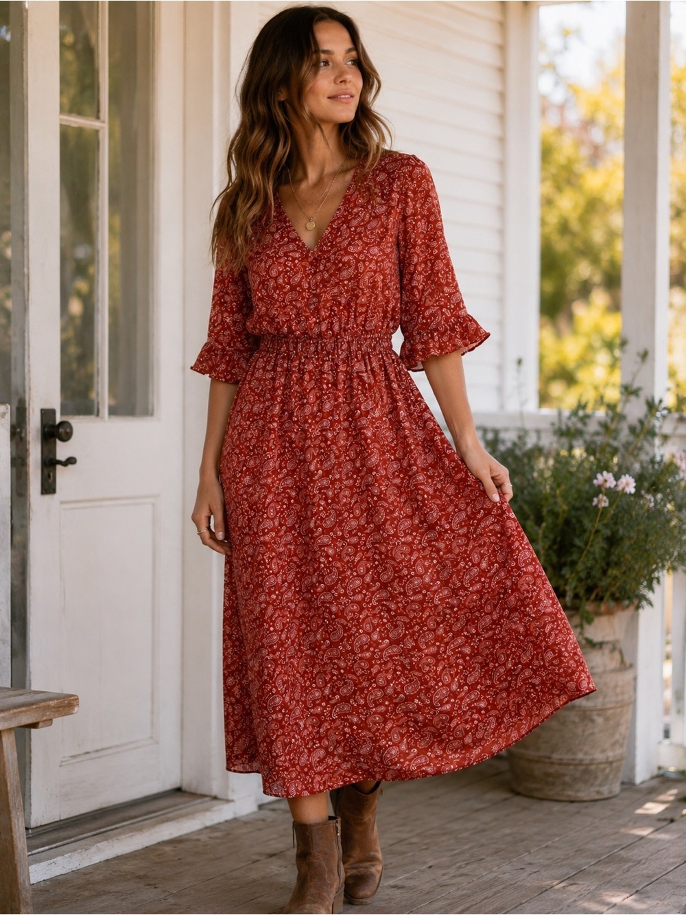 Lark + Grey Paisley Midi Dress Large Rust Red Faux Wrap Flutter Sleeve Boho